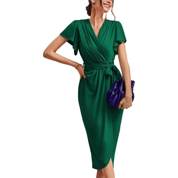 Womens Cocktail Dresses Ruffle Sleeve V Neck Wrap Dress Wedding Party Midi Dress